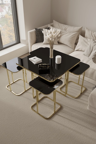 4+1 Gold Kaplama Siyah Ayna Radüslü Orta Sehpa