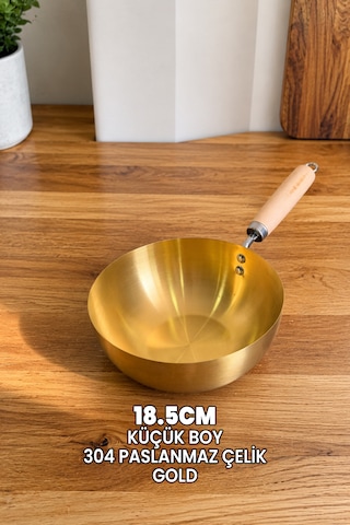 18.5cm Gold Tava Küçük - Japon Stil Gold Wok Tava - Tam Yuvarlak Tava - 304 Paslanmaz Çelik Profesyonel Ahşap Saplı