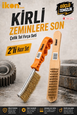 İkon Tools 2 Li Çelik Tel Fırça Seti Pas Ve Kir Temizleme, Yüzey Hazırlama Fırçası