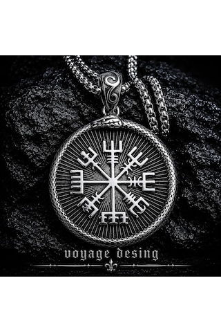 Paslanmaz Çelik Antik Gümüş Renk Çift Taraflı Viking Mitolojisi Vegvisir Valknut Viking Kolye Antrasit