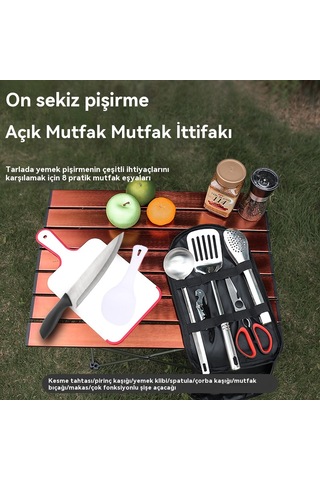 Açık Ocak Dokuz Parçalı Kamp Barbekü Paslanmaz Çelik Kesici Kesme Tahtası Ordu Yeşil 9 Parça Seti Yeşil