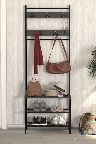 Bofigo 3 Raflı Metal Portmanto Elbise Askılığı Vestiyer Ayakkabılık Samanyolu Antrasit Antrasit