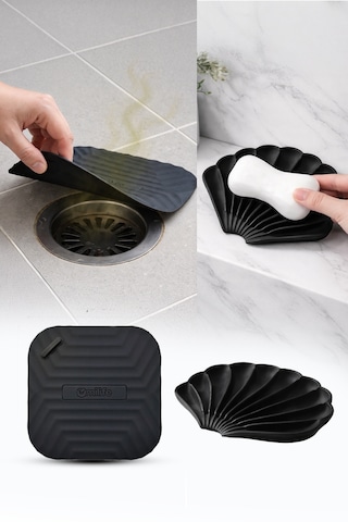 2'li Siyah Silikon Gider Kapağı Ve İstiridye Sabunluk Seti Su Giderli Banyo Mutfak Organizer