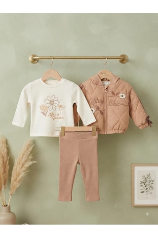 Efemkids Çiçek Nakışlı Kız Takım 6 Ay,12 Ay,18 Ay,2y Kız Bebek Takım 3'lü Baskılı Mont+basklı Uzun Kollu Body+ Pijama Yenidoğan Bebek Takım Gül Kurusu