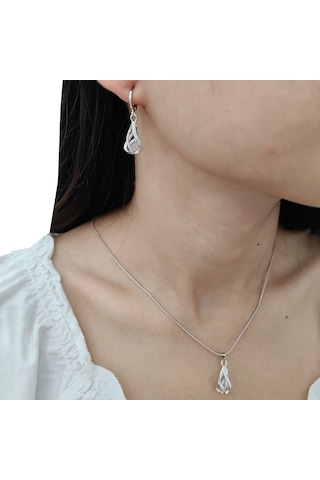 Chavin Zirkon Taş Gümüş Bayan Kolye ve Küpe Seti es10by Beyaz