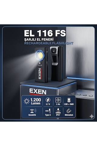 Exen El 116 Fs - 3.7v 2ah 1.200 Lümen Şarjlı Slim Tip El Feneri