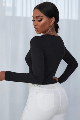 Kadın Siyah Uzun Kollu Düğmeli Göğüs Ve Göbek Dekolteli Crop Top Bluz