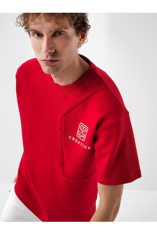 Xint Kırmızı Pamuk Dokulu Oversize Tişört 502175