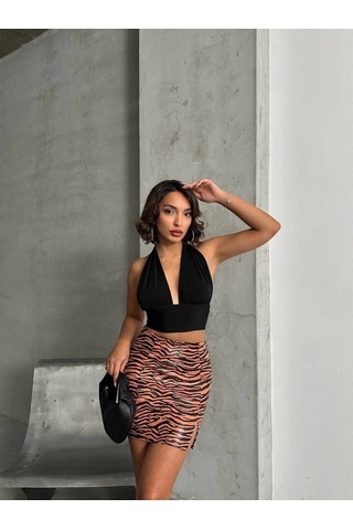 Tek Yırtmaçlı Zebra Desenli Deri Etek Kahvesiyah W24475-s Kahve