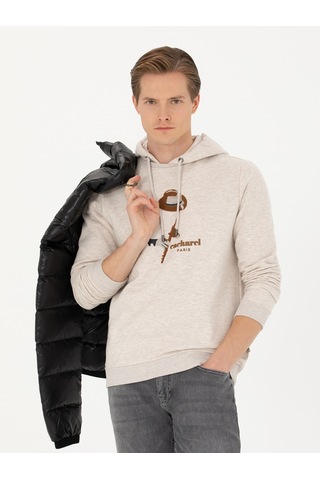 Bej Melanj Regular Fit Pamuk Karışımlı Kapüşonlu Sweatshirt
