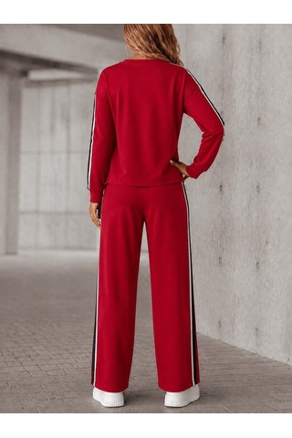 Kadın Kırmızı Şerit Detaylı Bisiklet Yaka Sweatshirt Ve Bol Paça Eşofman Altı İkili Takım