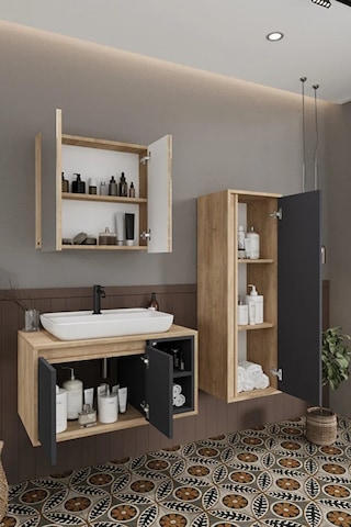 Lale 80 Cm Set %100 Mdf Lavabolu Banyo Dolabı Aynalı Dolap Boy Dolabı Antrasit
