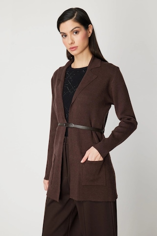 On Fashion Kadın Önü Açık Cepli Kemerli Kahverengi Hırka 69907 Kahve
