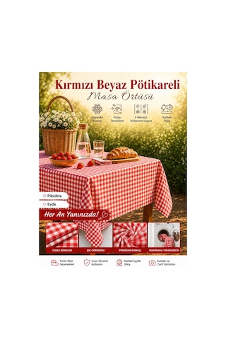 Masa Örtüsü - Pötikareli Piknik Örtüsü Sofra Bezi Kareli Balkon Bahçe Kamp Örtüsü Kırmızı Beyaz