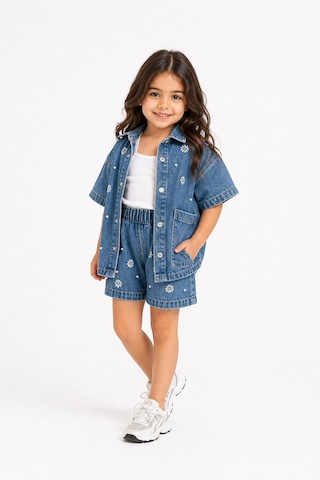 Eray Alp Kids Kız Çocuk Mavi Çiçekli Kot Gömlek Şort Takımı Günlük Rahat Kombin