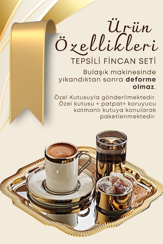 Grimorlife 6 Kişilik Tepsili Gold Porselen Fincan Seti Damat Kahvesi-söz Nişan Türk Kahvesi Kahve Fincanı Gold