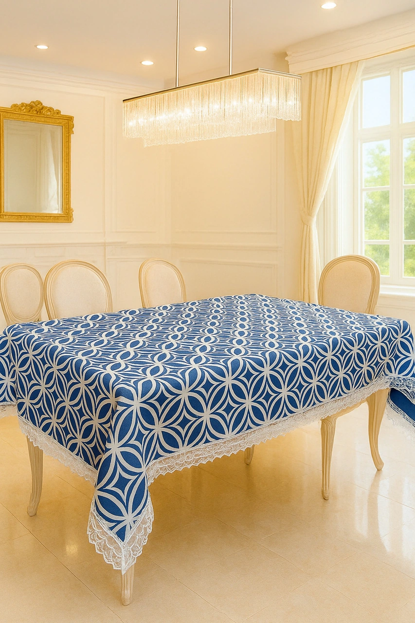 Lüks Lacivert Masa Örtüsü Dantel Kenarlı Silinebilir Kumaş Modeli Çok Renkli