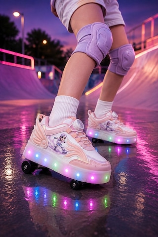 Muggo Wıngs Çocuk Kanat Detaylı Işıklı Patenli Tekerlekli Sneaker Spor Ayakkabı Pudra