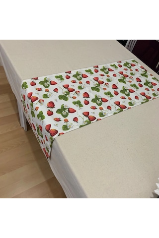 Çilek Desenli Runner, Duck Kumaş Runner, Su Ve Leke İtici Dayanıklı, Modern Tasarım 40x150 Cm Çok Renkli
