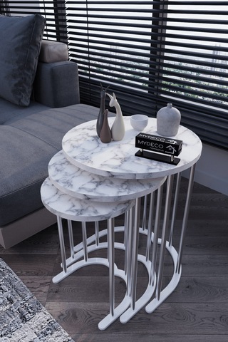 3' Lü Zigon Sehpa Gümüş Ayak Beyaz Mermer Desen 18 Mm Mdf Gümüş - Beyaz Mermer