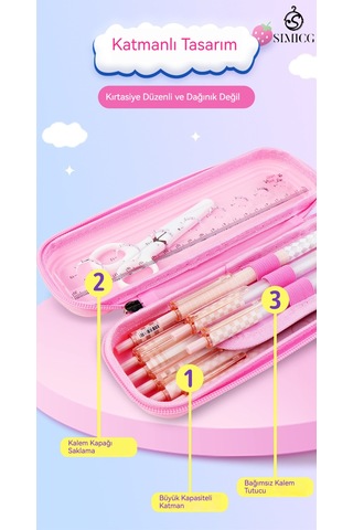 Karikatür Büyük Kapasiteli Su Geçirmez Çift Katmanlı Plastik Kalem Kutusu Pembe