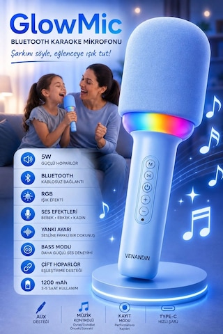 Exenar - Mavi - Kablosuz Bluetooth Karaoke Mikrofonu 5w Rgb Işıklı Taşınabilir Kablosuz Mikrofon Şarjlı 1200 Mah