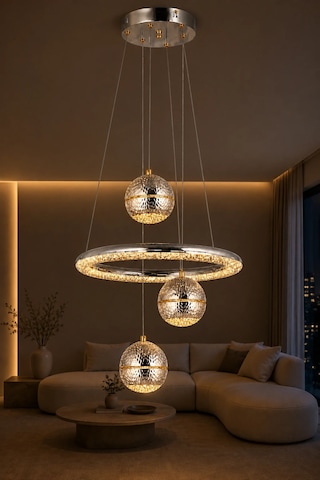 3'lü Krom Modern Premium 3 Renkli Ledli Sarkıt Avizesi Salon Mutfak Çocuk Odası Şık Modelleri 84w Beyaz