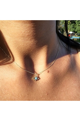 Tasarım Kirpik Nazar Boncuğu Firuze Mineli Göz Tasarım Stil Modern 14 Ayar Altın Kolye- Altın Kolye