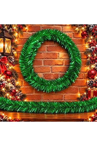 5 Metre Yeşil Garland Yeşil Çam Dalı 6 Cm Çap Yılbaşı Garlandı Parlak Metalik Dekor İnce Garland
