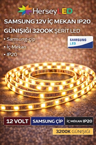 Samsung Şerit Led 12v 2835/60 Ledli Günışığı İç Mekan Ip20 5 Metre/ Paket