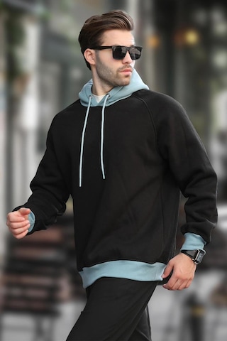 Madmext Siyah Renk Bloklu Kapüşonlu Sweatshirt 7073 Siyah