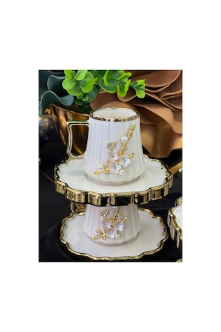 6 Kişilik Gold İnci Taşlı Yeni Seri Kahve Fincan Takımı Beyaz