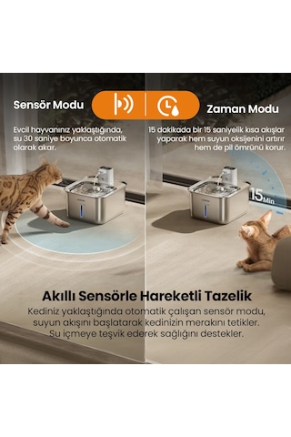 Haustier Wf08 Otomatik Kablosuz Kedi Su Pınarı, Sensörlü , Bataryalı , Ultra Sessiz, Çelik , 3lt Hazne
