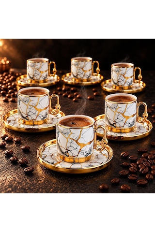 Valkyrie 12 Parça 6 Kişilik 80 Ml Türk Kahvesi Fincan Takımı Gold Mermer Desenli