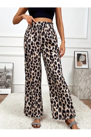 Soonaksesuar Kadın Yüksek Bel Beli Lastikli Bağcıklı Leopar Desenli Süprem Pantolon Çok Renkli