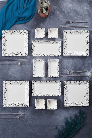 Piatti Naturali 12 Parça 4 Kişilik Mermer Kahvaltı Takımı Handmade Sunum Set Siyah