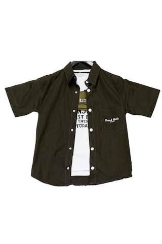 Erkek Çocuk Paraşüt Kumaş Çıtçıt Kapamalı Tişörtlü Haki Renk Gömlek Tişört Takımı Haki