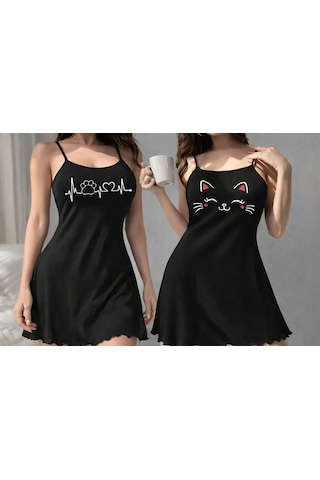 Sebalma Fashion Kadın Siyah Kedi Ve Pati Baskılı İnce Askılı Mini Gecelik Seti - Pamuklu Rahat Ev Elbisesi Siyah