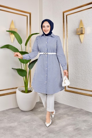 Harmatime Kemerli Çizgili Keten Gömlek Lacivert