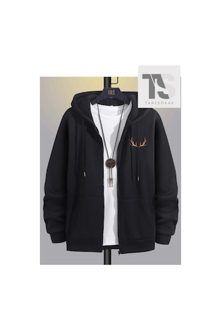 Tarzsokak Geyik Boynuz Sweatshirt Fermuarlı Hırka Siyah