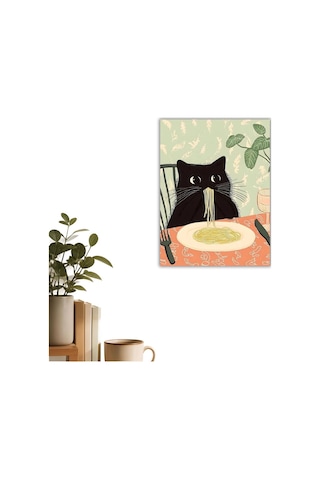 Makarna Yiyen Siyah Kedi İllüstrasyon Poster - Komik Mutfak Duvar Dekoru