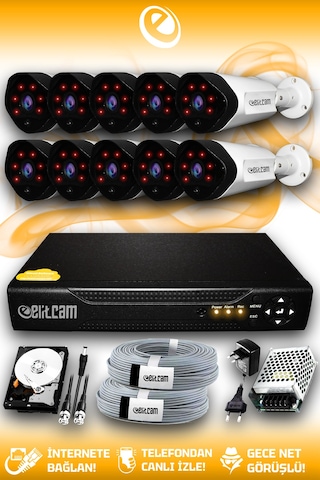 Elitcam 10 Kameralı Uzay 10 Dış Kamera Set 1 TB HDD Full HD Gece Görüşlü Güvenlik Kamerası Sistemi