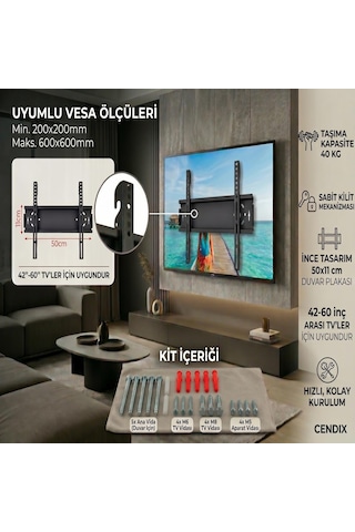 Cendix Cx0tvapr02 Sabit Kilitli Tv Duvar Askı Aparatı 43-60 İnç 50x11 Cm 40 Kg Taşıma Kapasite