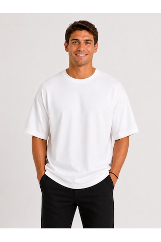 Vasto Moda Erkek Oversize Kalın Dokulu %100 Organik Pamuk Bisiklet Ribana Yakalı Beyaz T-shirt