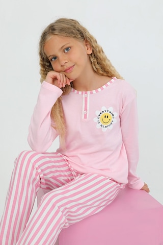 Kız Çocuk Uzun Kollu %100 Pamuklu Düğme Detaylı Pijama Takımı Alright Pembe