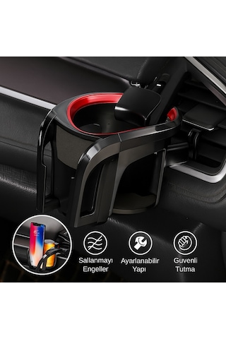 Polham Araç Telefon Ve Bardak Tutucu Sallanmayı Engeller, Ayarlanabilir Yapı, Havalandırma Izgarası Montajlı