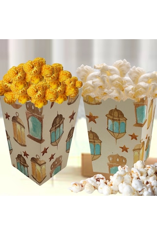 6lı Ramazan Temalı Patlamış Mısır, Şeker Kutusu, Hediye Popcorn, İkram Kutusu, 6x6x11 Cm, Krem Renk Krem