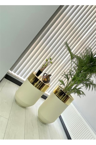 Dekoratif Gold Darbuka Beyaz Saksı 70cm + Sehpa 60cm İkili Set