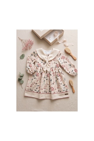 Deniva Kids Kız Çocuk Vintage Denizci Yaka Çiçekli Doğal Kumaş Uzun Kollu Elbise BEJ