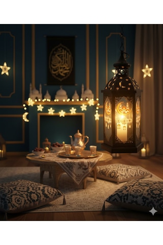 43 Cm Ramazan Ledli Siyah Model Tek Mumlu Lüks Fener - Pil Dahil Dekoratif Ramazan Feneri Diğer